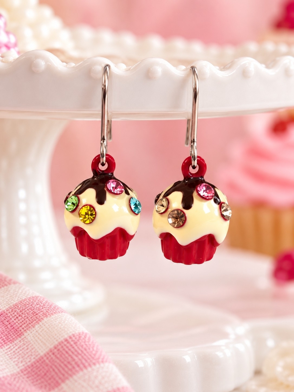 Cupcake Charm Dangle Earrings Multicolor Rhinestone